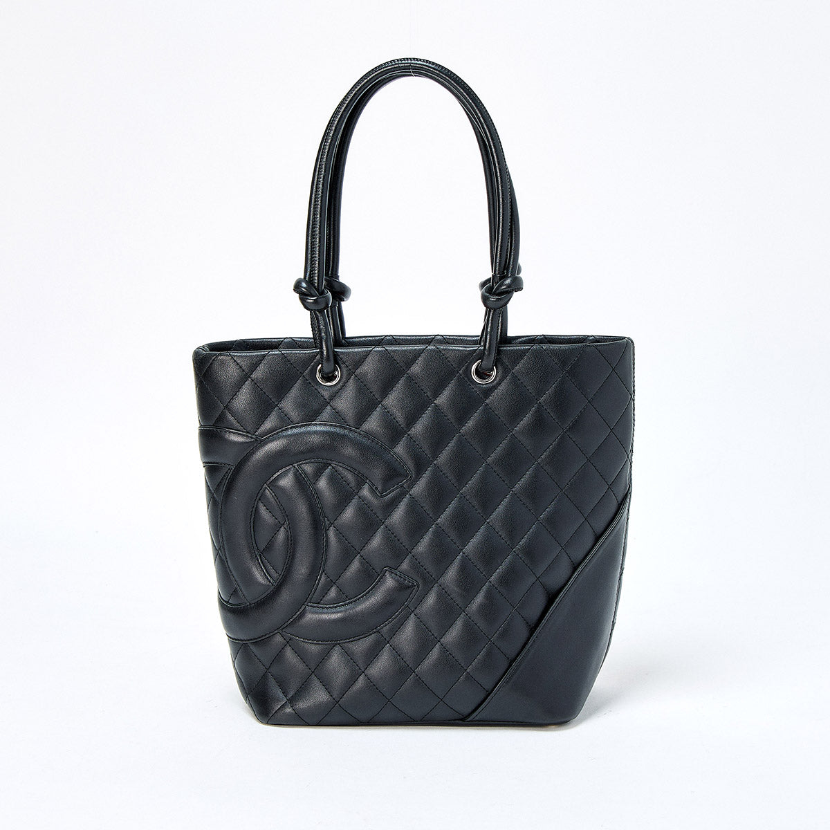 CHANEL Cambon Medium Tote 2004 Hand Bag Black Silver Lamb Skin Auth