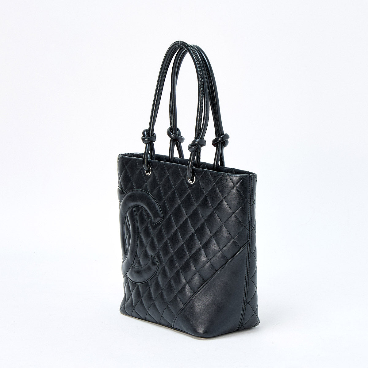 CHANEL Cambon Medium Tote 2004 Hand Bag Black Silver Lamb Skin Auth