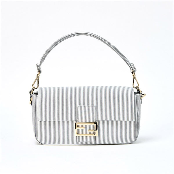 FENDI Mamma Baguette Shoulder Bag Striped White Light Grey Gold Cotton Auth