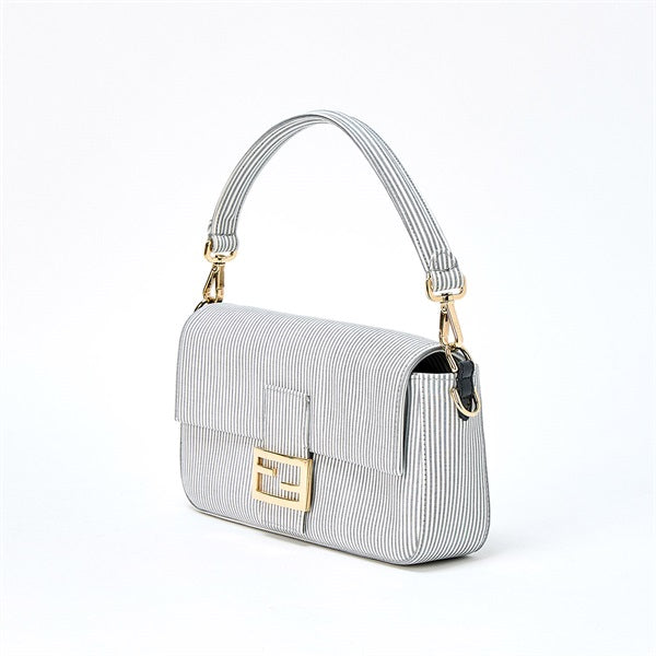 FENDI Mamma Baguette Shoulder Bag Striped White Light Grey Gold Cotton Auth