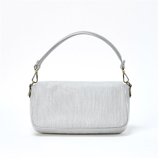 FENDI Mamma Baguette Shoulder Bag Striped White Light Grey Gold Cotton Auth