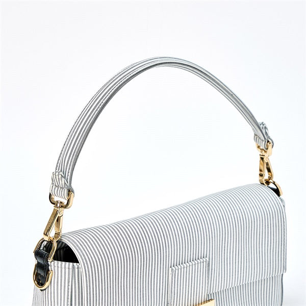 FENDI Mamma Baguette Shoulder Bag Striped White Light Grey Gold Cotton Auth