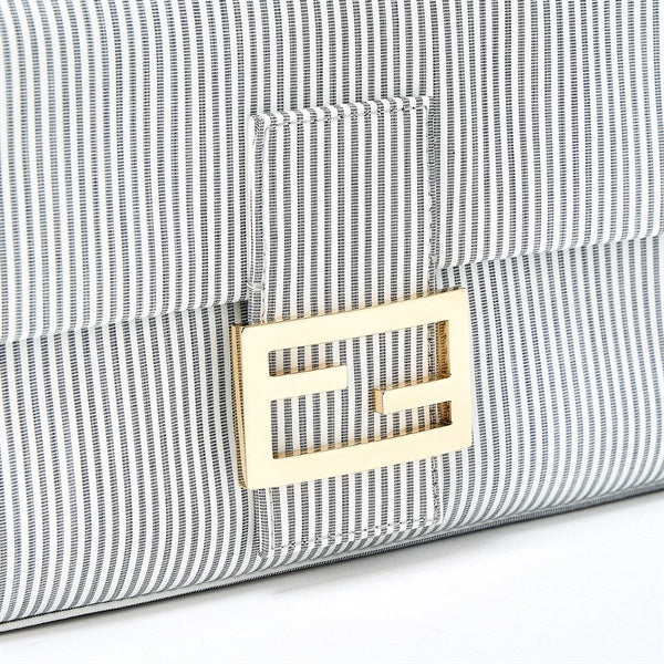 FENDI Mamma Baguette Shoulder Bag Striped White Light Grey Gold Cotton Auth