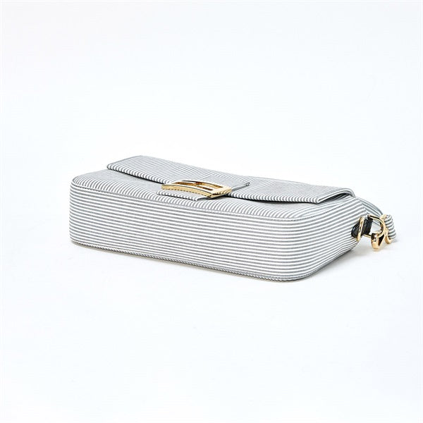 FENDI Mamma Baguette Shoulder Bag Striped White Light Grey Gold Cotton Auth
