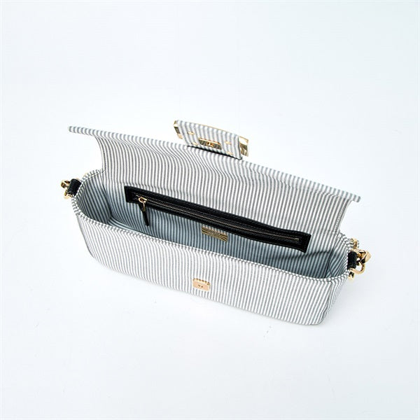 FENDI Mamma Baguette Shoulder Bag Striped White Light Grey Gold Cotton Auth