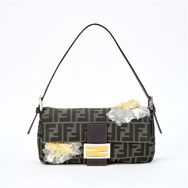 FENDI Mamma Baguette Shoulder Bag Brown Silver Jacquard Auth
