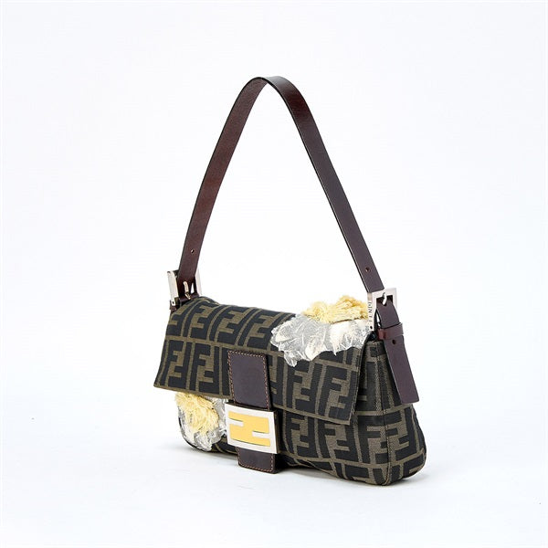 FENDI Mamma Baguette Shoulder Bag Brown Silver Jacquard Auth