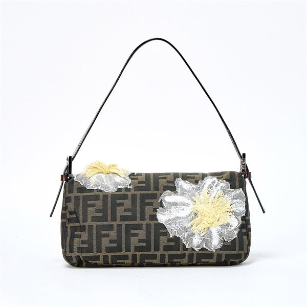 FENDI Mamma Baguette Shoulder Bag Brown Silver Jacquard Auth