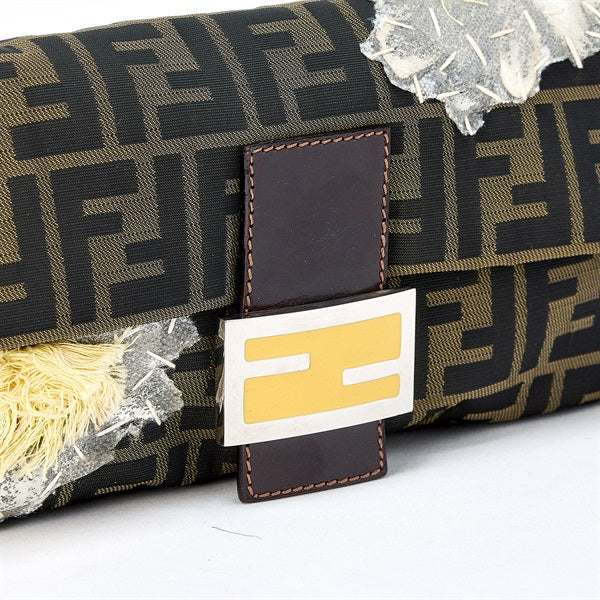 FENDI Mamma Baguette Shoulder Bag Brown Silver Jacquard Auth