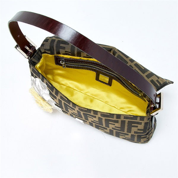 FENDI Mamma Baguette Shoulder Bag Brown Silver Jacquard Auth
