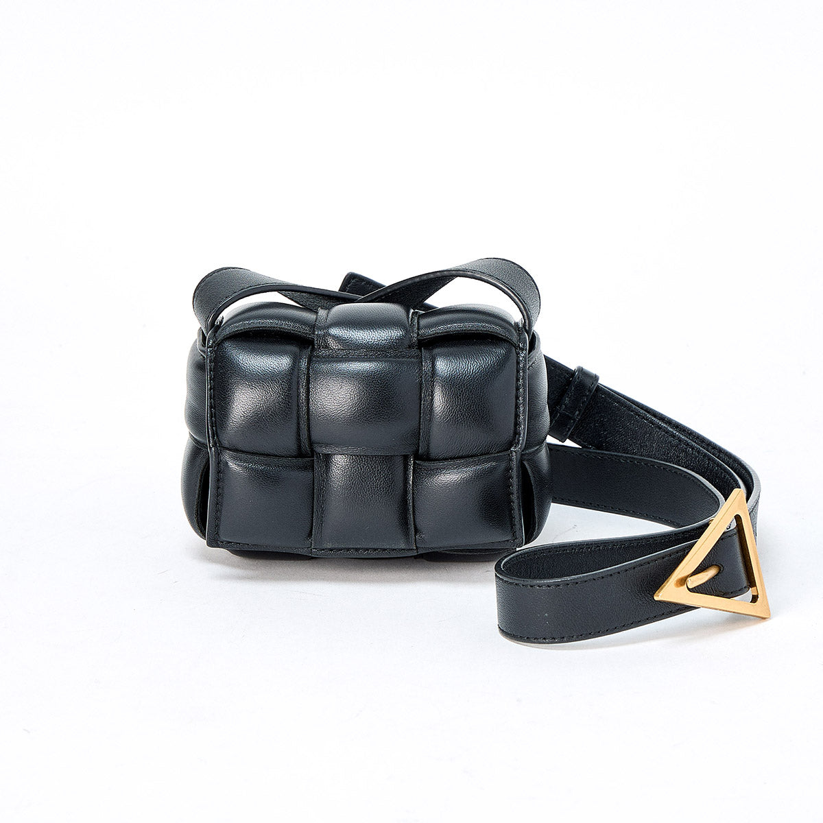 BOTTEGA VENETA Cassette Padded Mini Shoulder Bag Black Gold Leather Auth