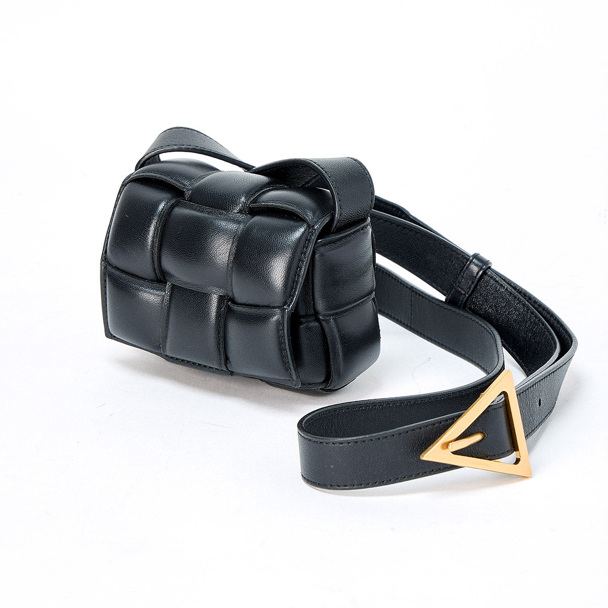 BOTTEGA VENETA Cassette Padded Mini Shoulder Bag Black Gold Leather Auth