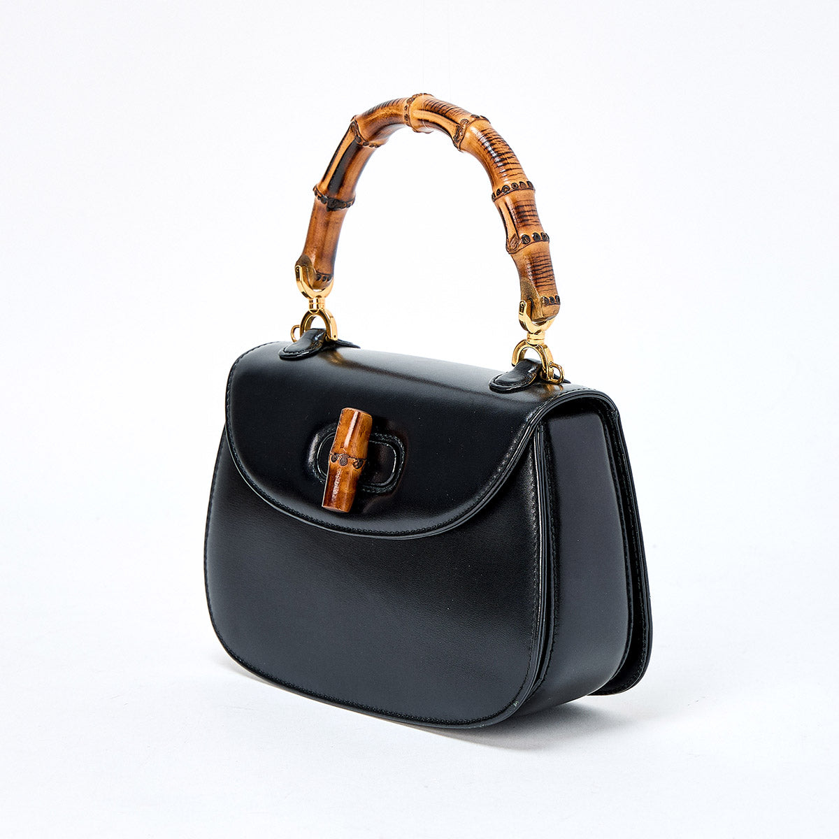 GUCCI Bamboo Hand Bag Black Gold Box Scarf Auth