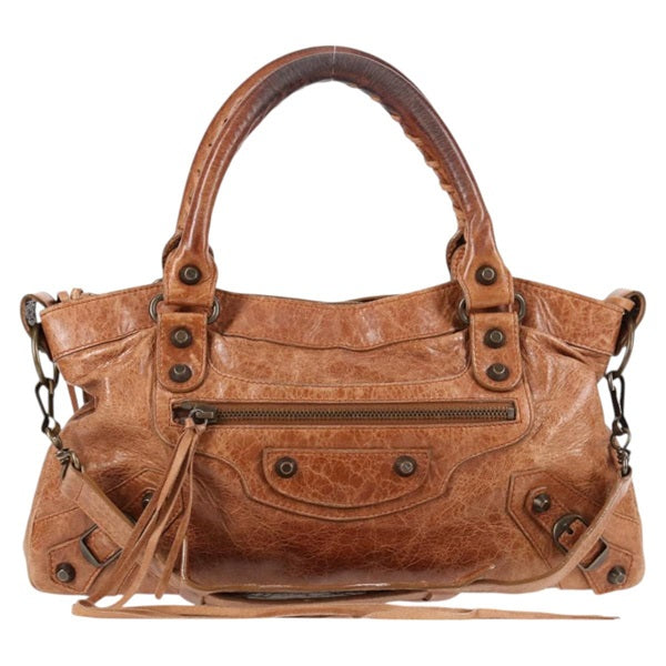BALENCIAGA The First Hand Bag 103208 Brown Matte Gold Leather Auth