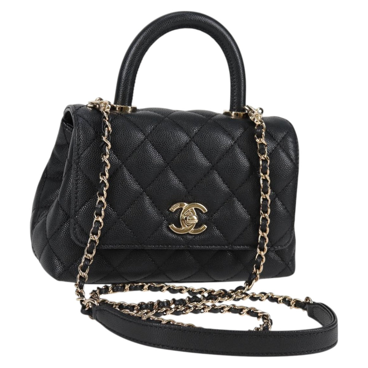 CHANEL Matelasse Coco Handle XXS 2021 Handbag Black Gold Caviar Skin