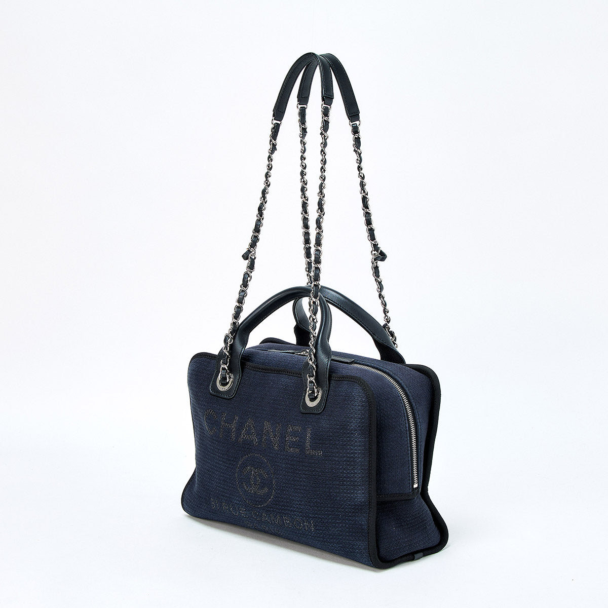 CHANEL Deauville 2WAY Boston 2021 Shoulder Bag Navy Silver Denim Auth