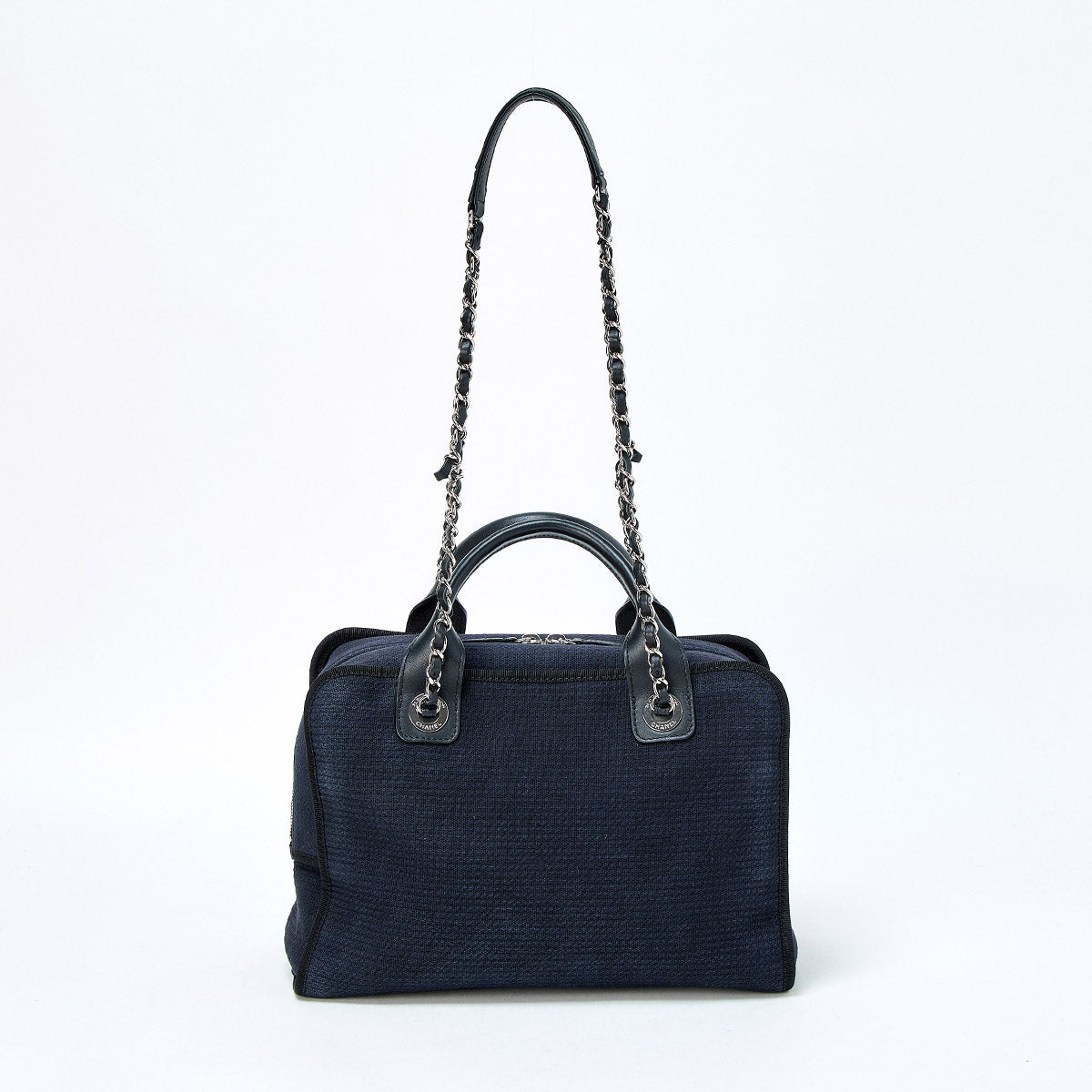CHANEL Deauville 2WAY Boston 2021 Shoulder Bag Navy Silver Denim Auth