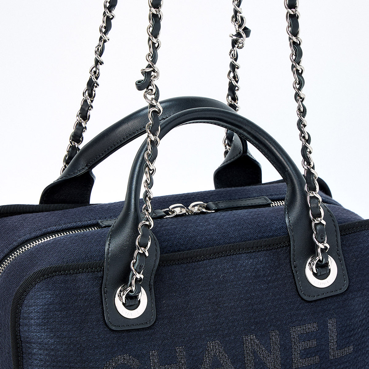 CHANEL Deauville 2WAY Boston 2021 Shoulder Bag Navy Silver Denim Auth