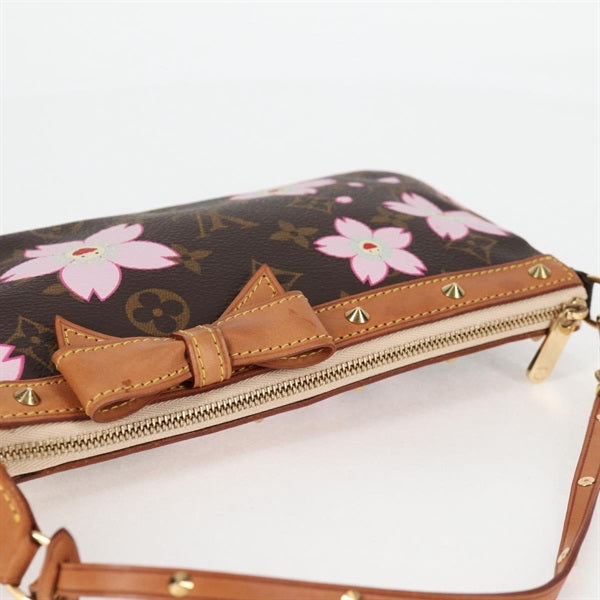 LOUIS VUITTON Monogram Cherry Blossom Pochette Accessoires Shoulder Bag M92006 Brown Pink Gold PVC Auth