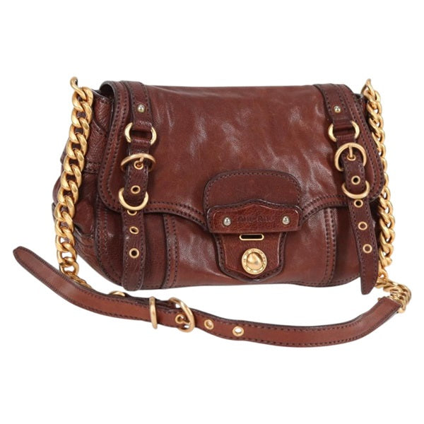 MIU MIU Logo Satchel Shoulder Bag Brown Gold Leather Auth