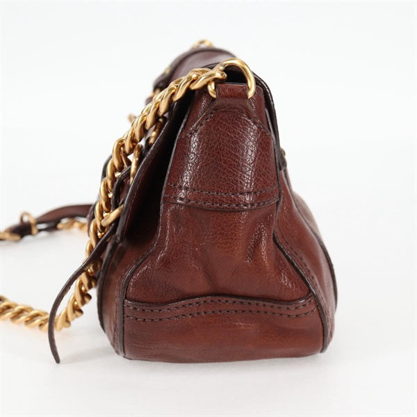 MIU MIU Logo Satchel Shoulder Bag Brown Gold Leather Auth