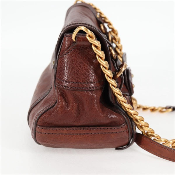 MIU MIU Logo Satchel Shoulder Bag Brown Gold Leather Auth