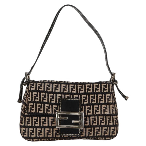 FENDI Mamma Baguette Mini Shoulder Bag Beige Brown Silver Canvas Auth