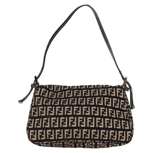 FENDI Mamma Baguette Mini Shoulder Bag Beige Brown Silver Canvas Auth