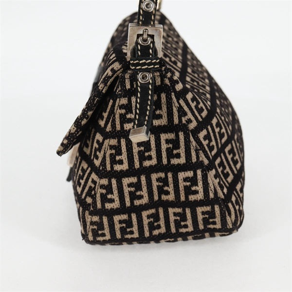 FENDI Mamma Baguette Mini Shoulder Bag Beige Brown Silver Canvas Auth