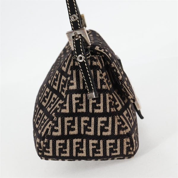 FENDI Mamma Baguette Mini Shoulder Bag Beige Brown Silver Canvas Auth