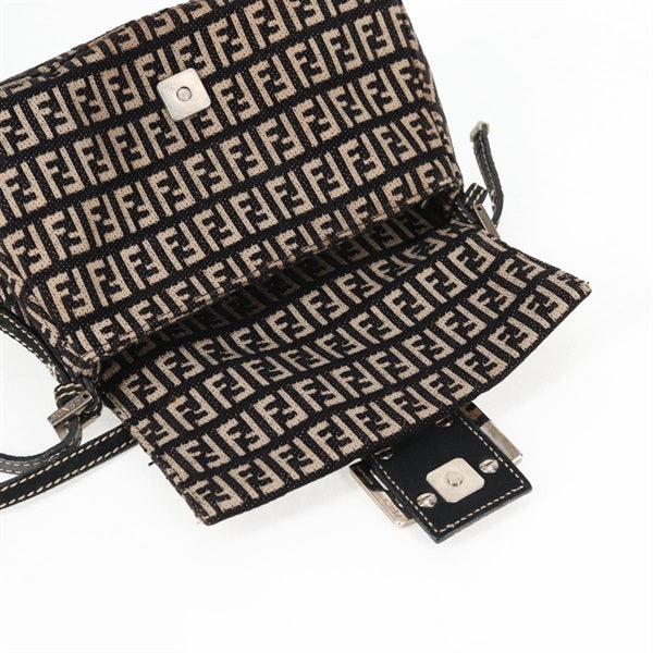 FENDI Mamma Baguette Mini Shoulder Bag Beige Brown Silver Canvas Auth