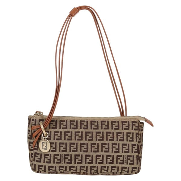 FENDI Zucchino Shoulder Bag Beige Brown Gold Canvas Auth