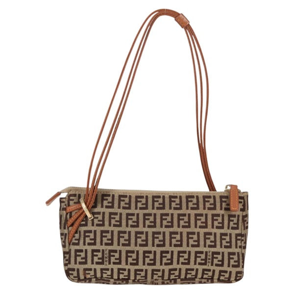 FENDI Zucchino Shoulder Bag Beige Brown Gold Canvas Auth