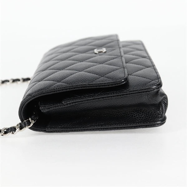 CHANEL Matelasse Matelasse Chain Wallet 2015 Shoulder Bag Black Silver Caviar Skin Auth