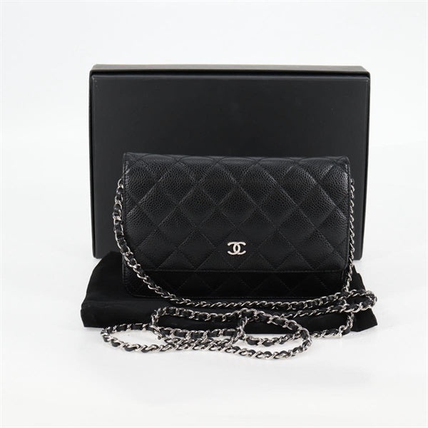 CHANEL Matelasse Matelasse Chain Wallet 2015 Shoulder Bag Black Silver Caviar Skin Auth