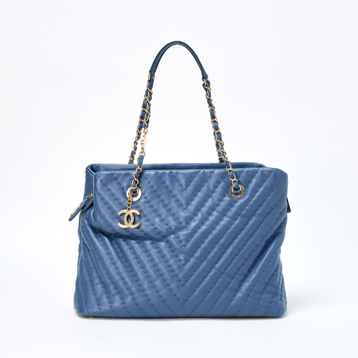 CHANEL V Stitch 2012 Tote Bag Blue Champagne Gold Leather Auth