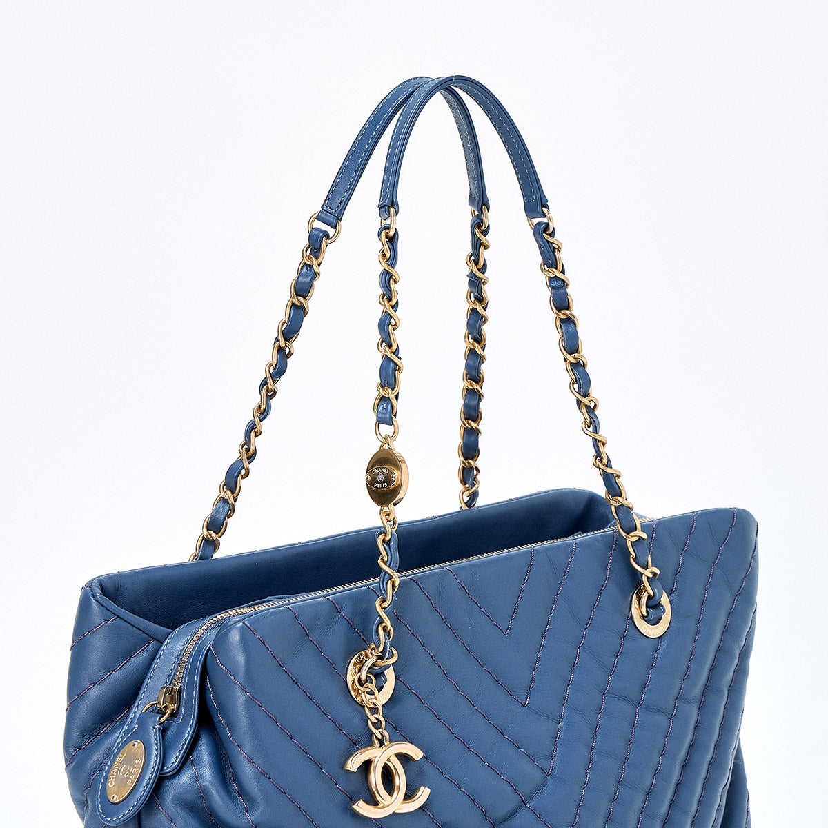 CHANEL V Stitch 2012 Tote Bag Blue Champagne Gold Leather Auth