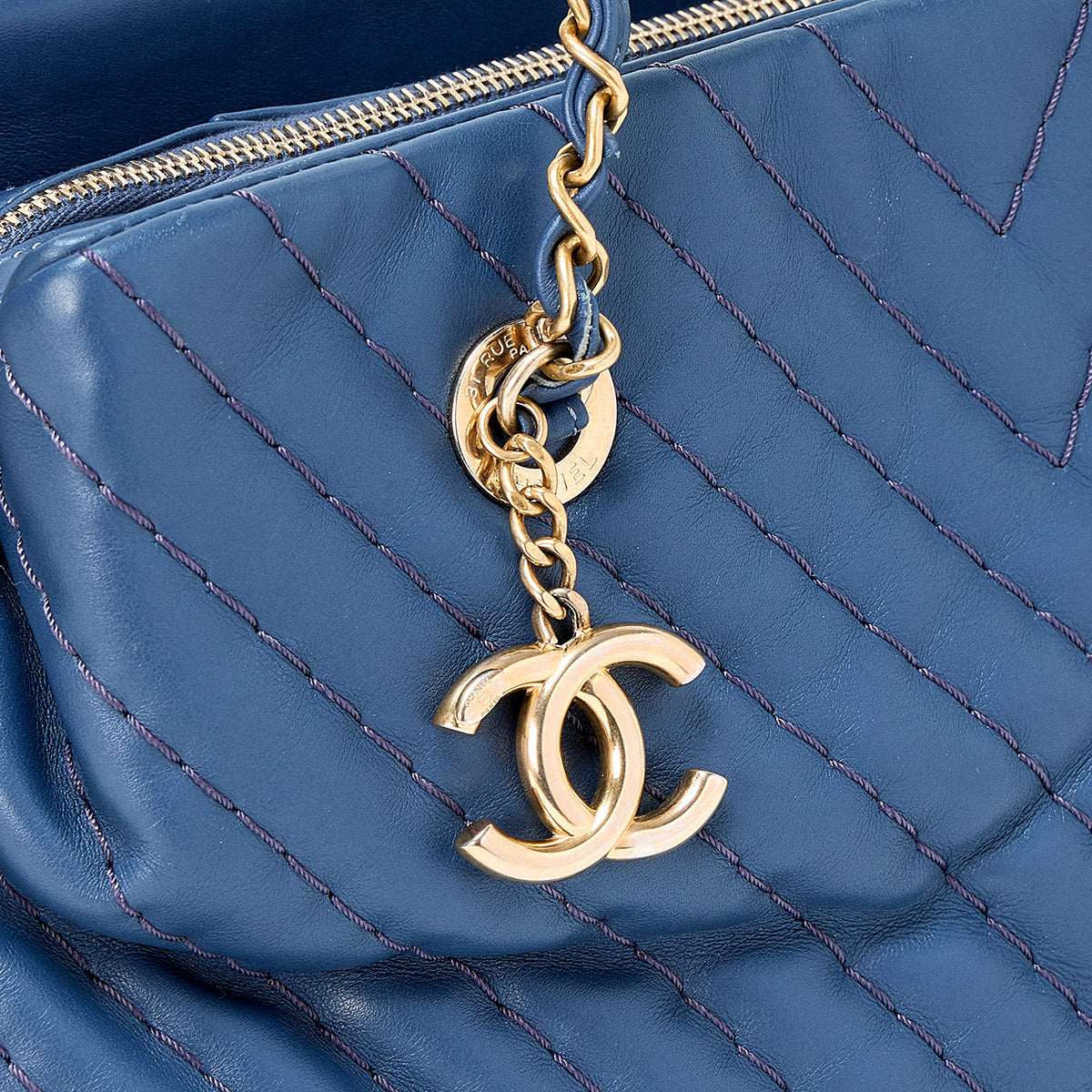 CHANEL V Stitch 2012 Tote Bag Blue Champagne Gold Leather Auth