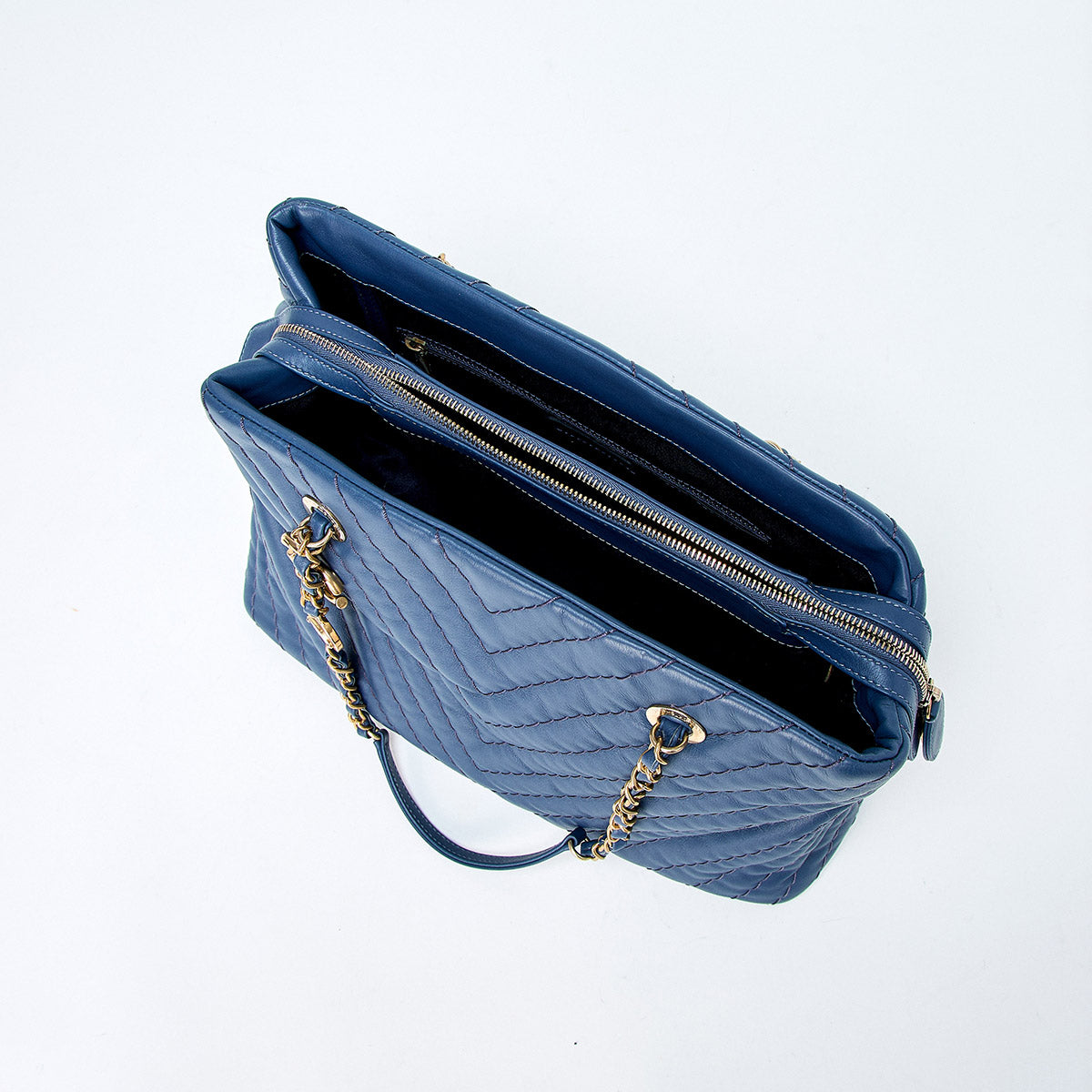 CHANEL V Stitch 2012 Tote Bag Blue Champagne Gold Leather Auth