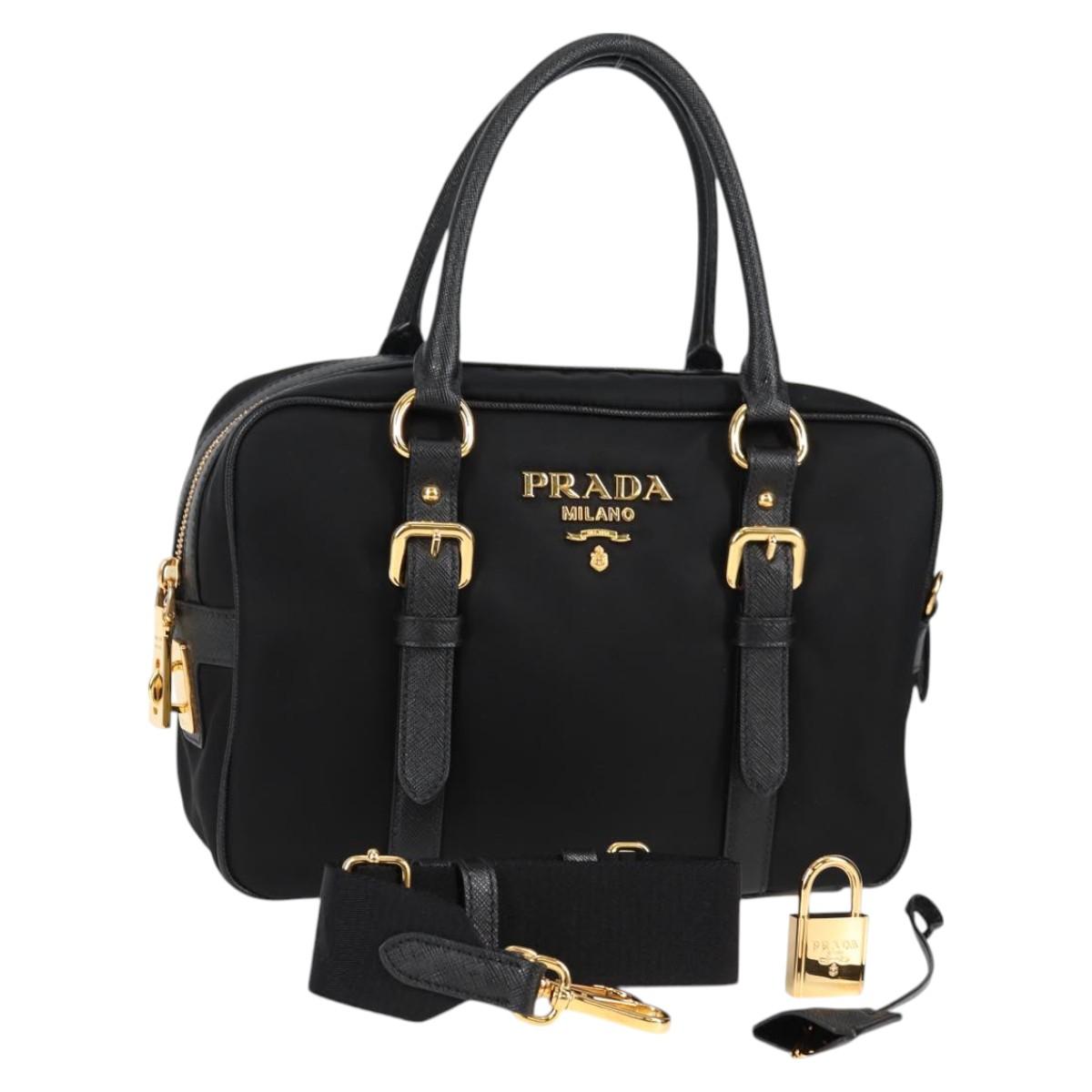 PRADA Logo 2WAY Handbag Handbag Black Gold Tessuto
