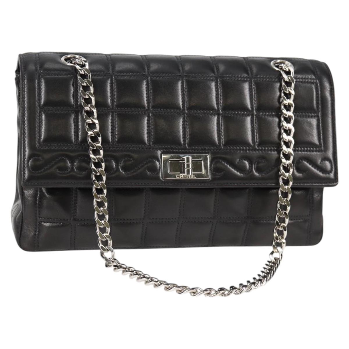 CHANEL 2.55 Single Flap Double Chain 2001 Shoulder Bag Black Silver Lambskin