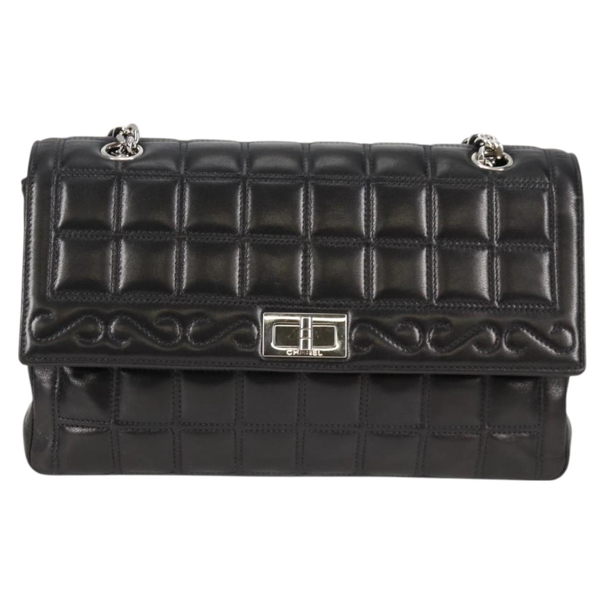 CHANEL 2.55 Single Flap Double Chain 2001 Shoulder Bag Black Silver Lambskin