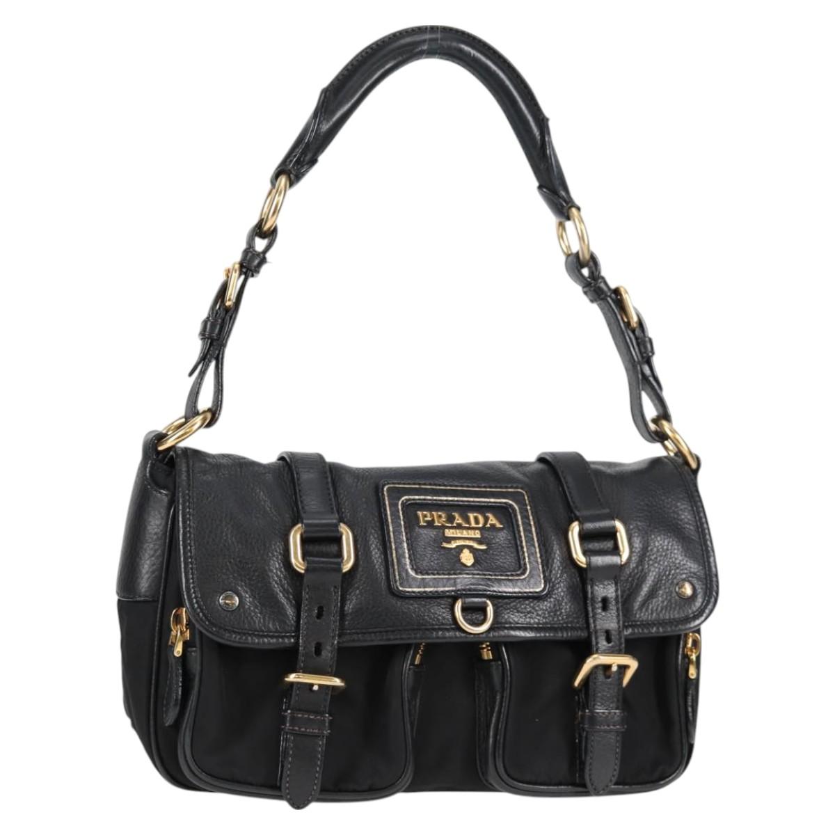 PRADA logo shoulder bag in black and gold leather