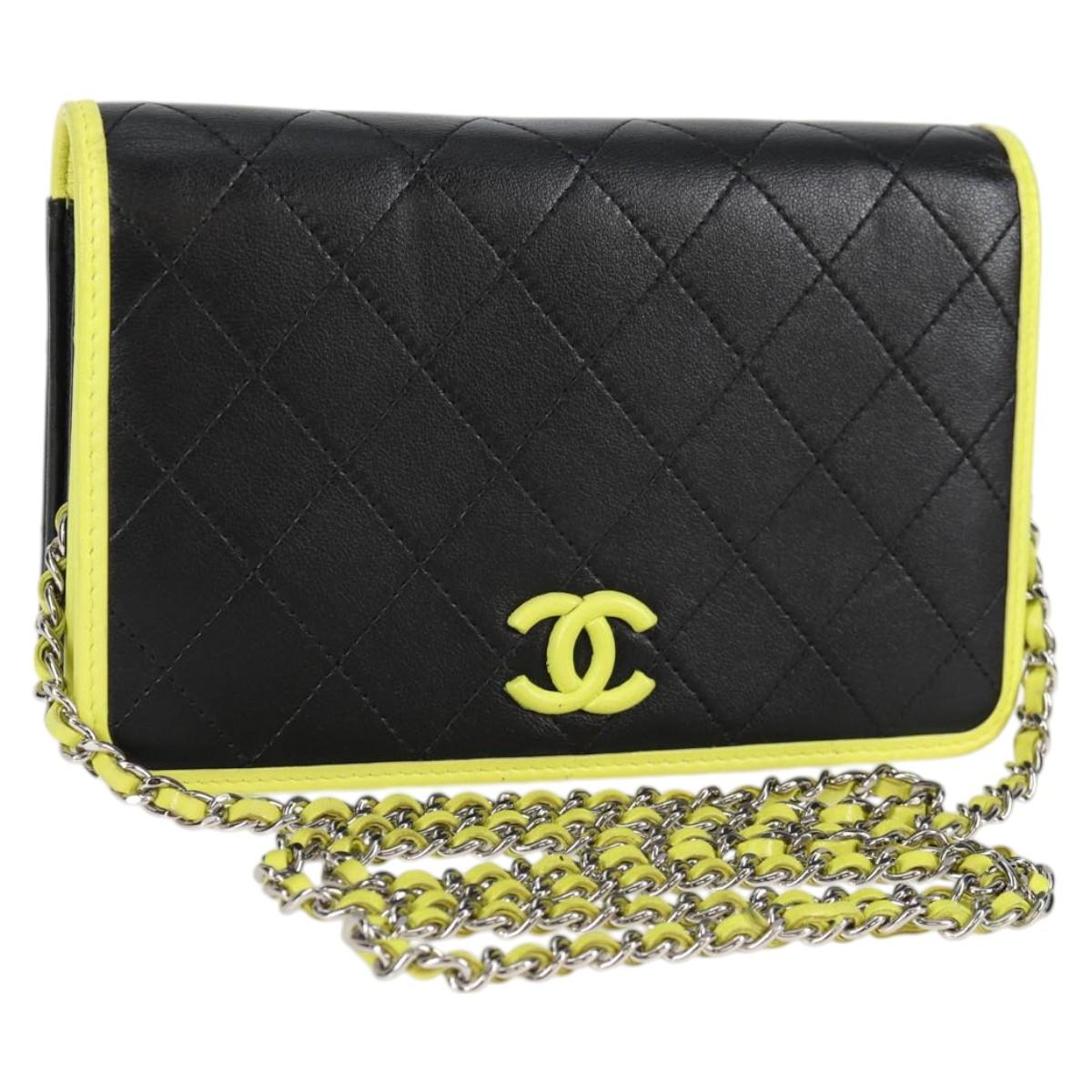 CHANEL Matelasse Chain Wallet Shoulder Bag Black Lime Yellow Silver Calf Leather
