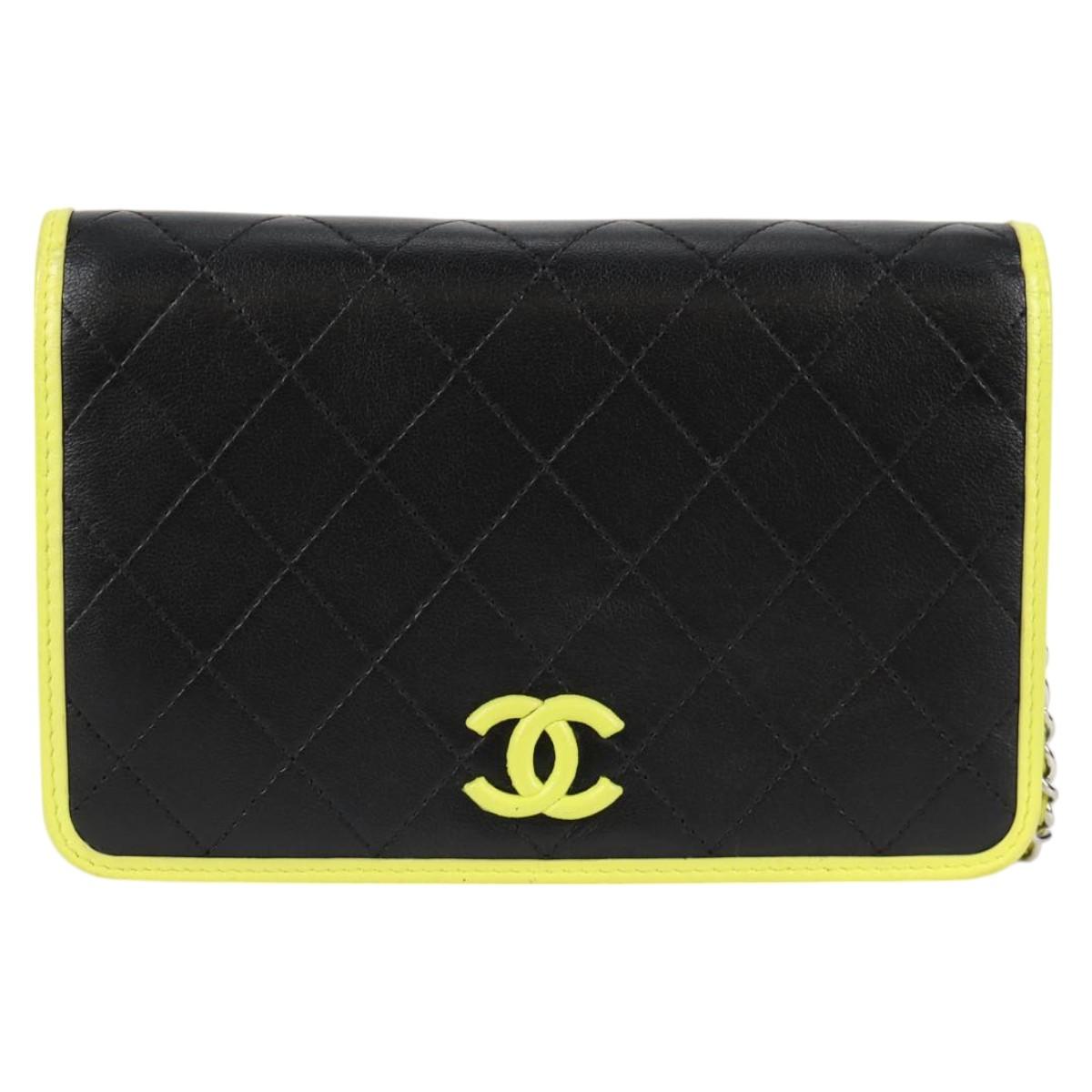 CHANEL Matelasse Chain Wallet Shoulder Bag Black Lime Yellow Silver Calf Leather