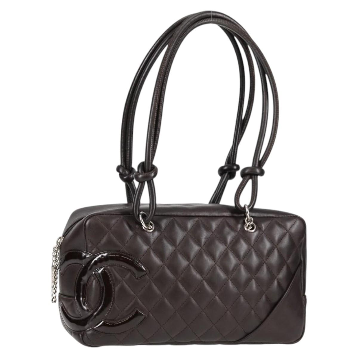 CHANEL Cambon Boston 2006 Tote Bag Brown Lambskin