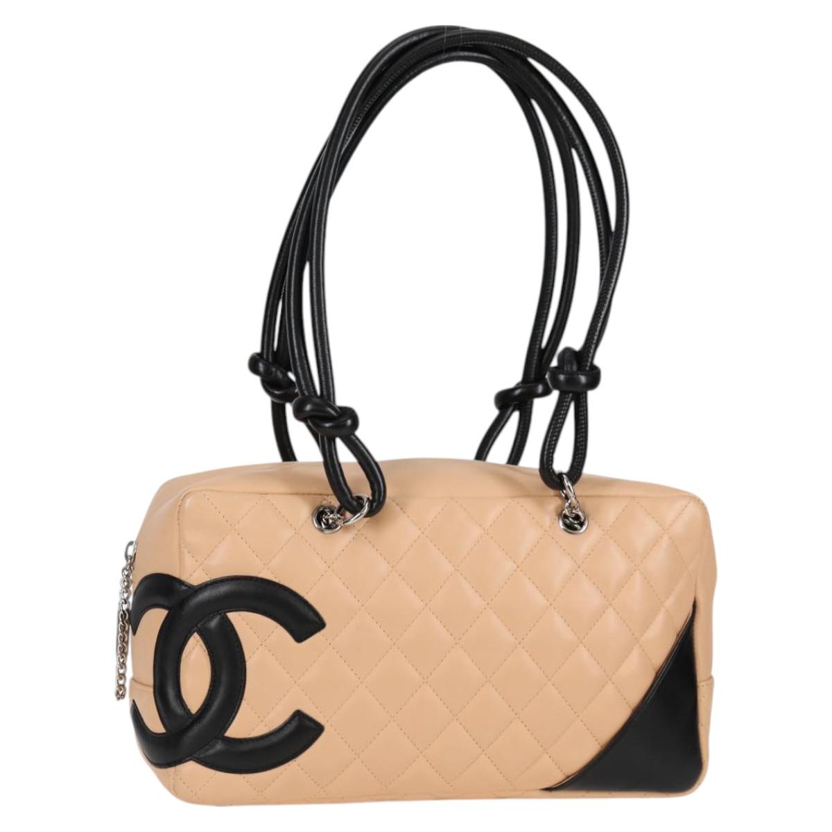 CHANEL Cambon Boston 2004 Tote Bag Beige Black Silver Lambskin