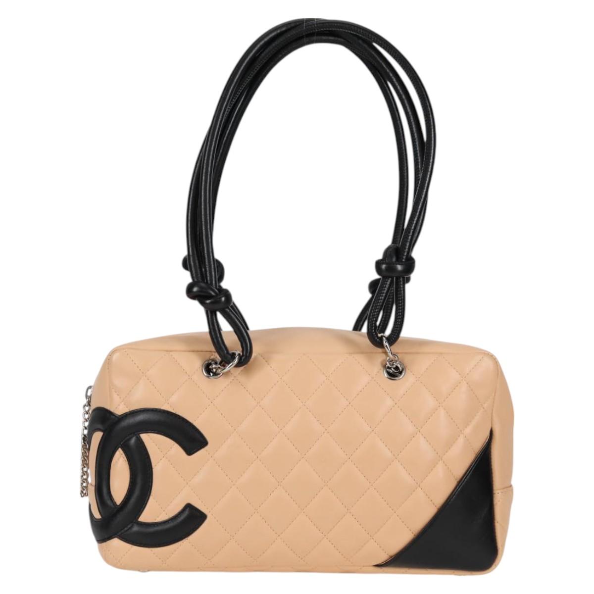 CHANEL Cambon Boston 2004 Tote Bag Beige Black Silver Lambskin