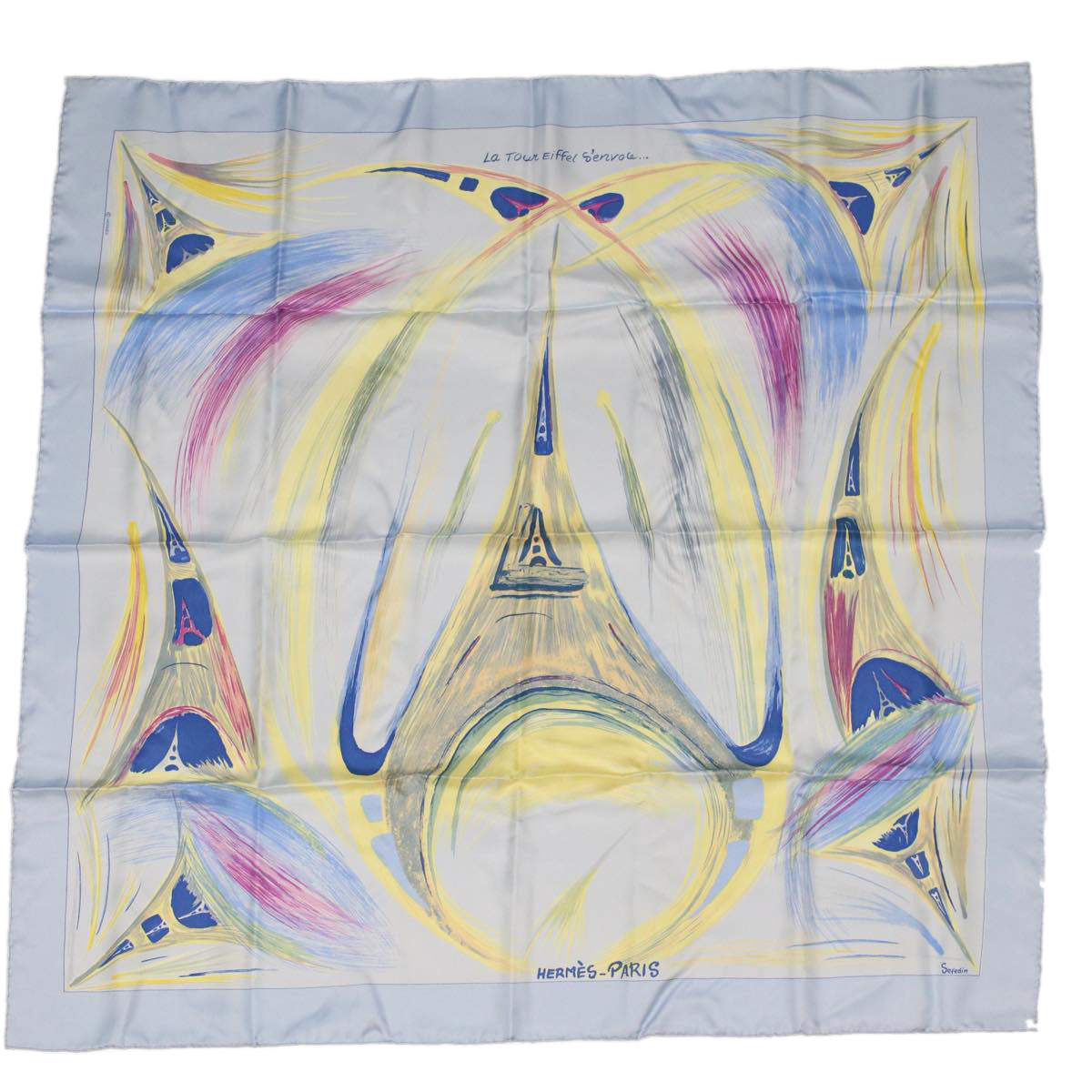 HERMES Carre 90 La Tour Eiffel S’envole Scarf Silk Light Blue Auth ac2012