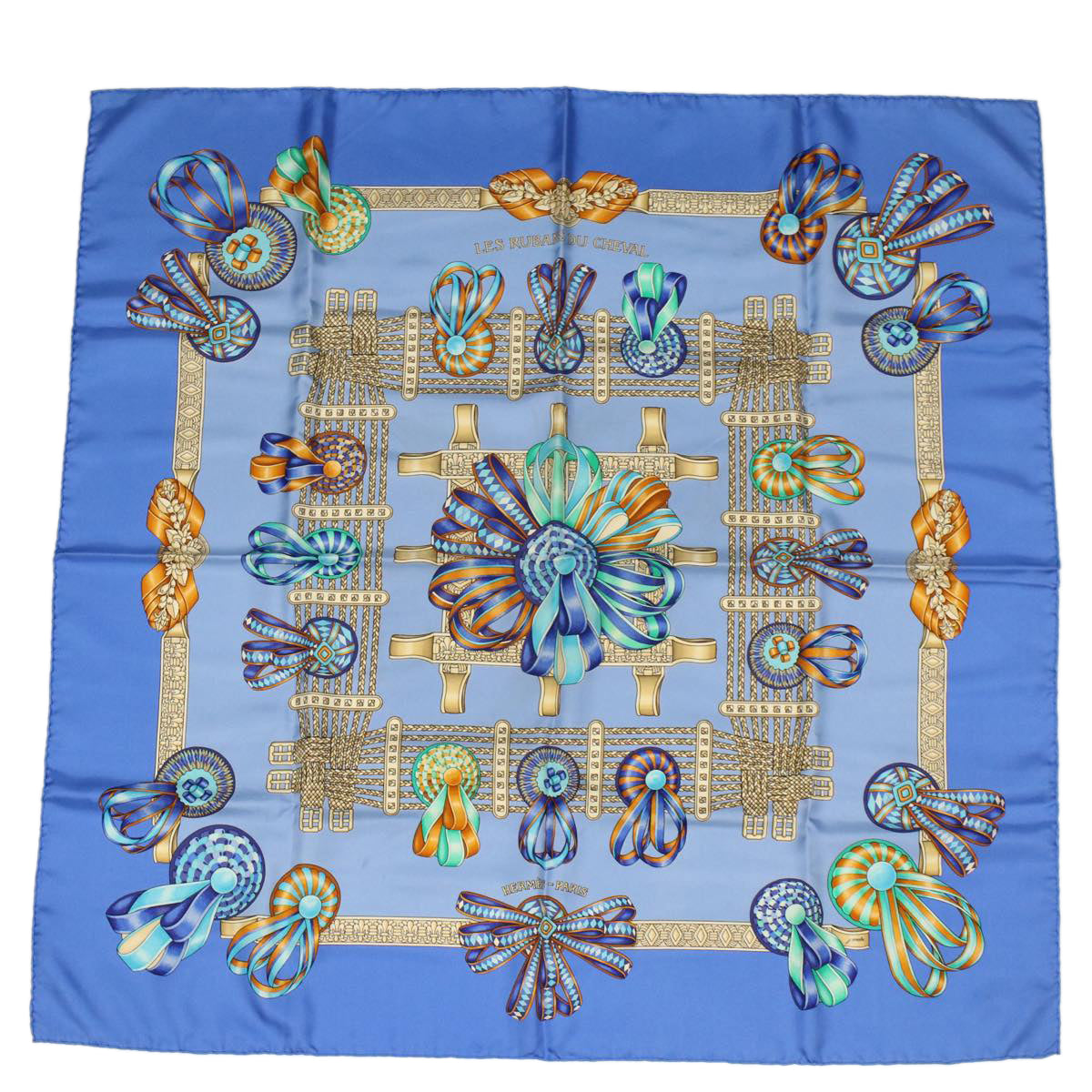 HERMES Carre 90 Les Rubans du Cheval Scarf Silk Blue Auth ac2043